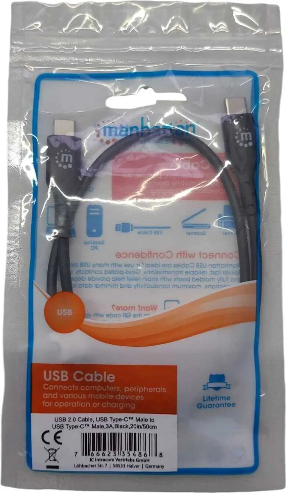 Manhattan USB-C auf USB-C Kabel – 50 cm, Schwarz